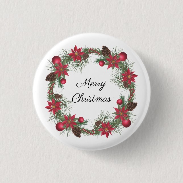 Chapa Redonda De 2,5 Cm Merry Christmas Poinsettia Wreath (Anverso)