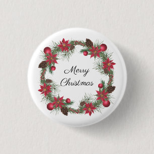 Chapa Redonda De 2,5 Cm Merry Christmas Poinsettia Wreath