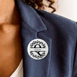 Chapa Redonda De 2,5 Cm Modern Black Floral Wreath Split Monogram "Q Round