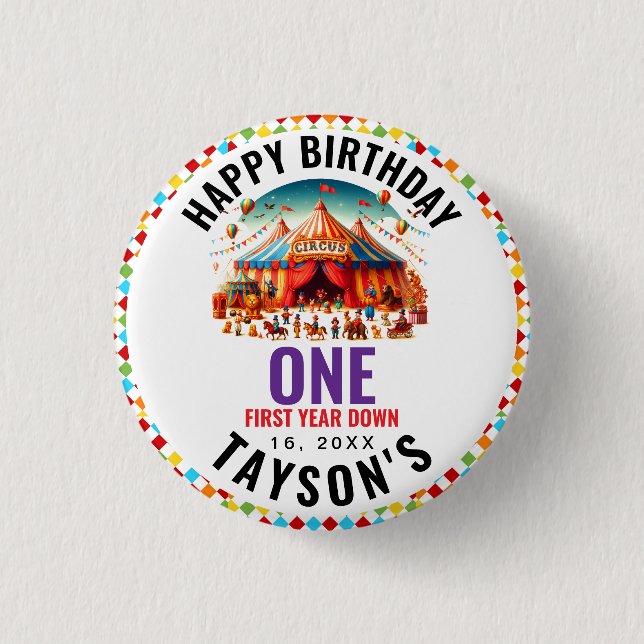 Chapa Redonda De 2,5 Cm Modern Cute Circus Carnival 1st Birthday (Anverso)