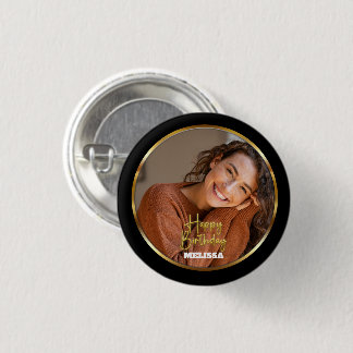 Chapa Redonda De 2,5 Cm Modern Elegant Black & Gold Photo Name Birthday