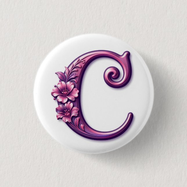 Chapa Redonda De 2,5 Cm Modern Metallic Rosemaling Letter C, Pink/Purple (Anverso)