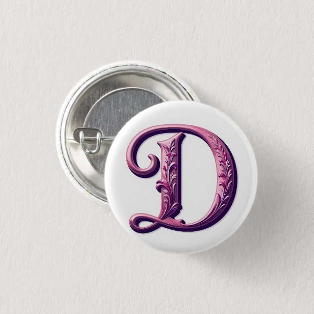 Chapa Redonda De 2,5 Cm Modern Metallic Rosemaling Letter D, Pink/Purple (Anverso y reverso)