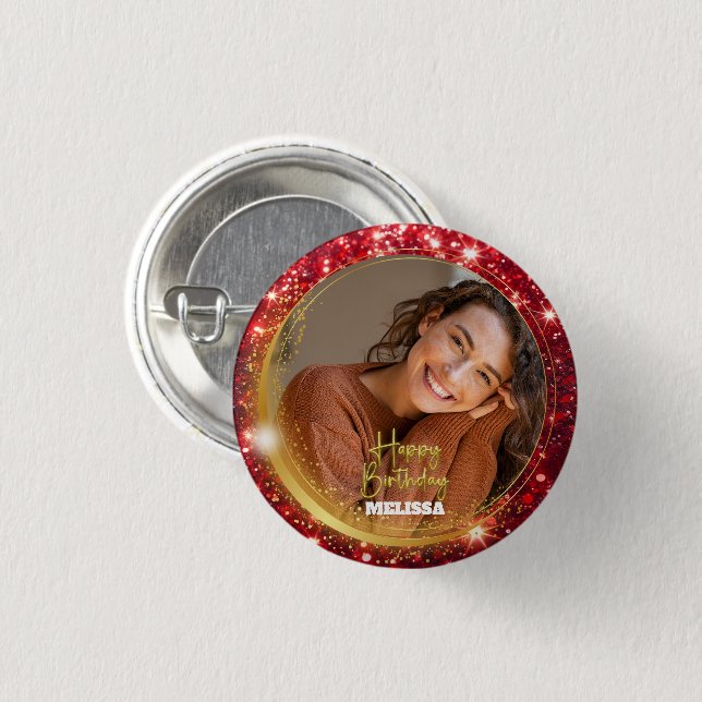 Chapa Redonda De 2,5 Cm Modern Red and Gold Glitter Photo Name Birthday (Anverso y reverso)