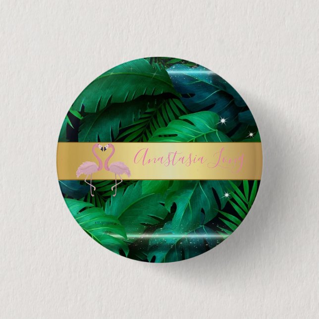 Chapa Redonda De 2,5 Cm Moderna, elegante, tropical, hojas de palmera, ros (Anverso)