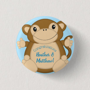 Chapa Redonda De 2,5 Cm Monkey Baby Shower Blue
