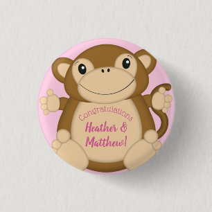 Chapa Redonda De 2,5 Cm Monkey Baby Shower Pink