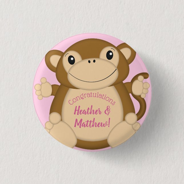 Chapa Redonda De 2,5 Cm Monkey Baby Shower Pink (Anverso)