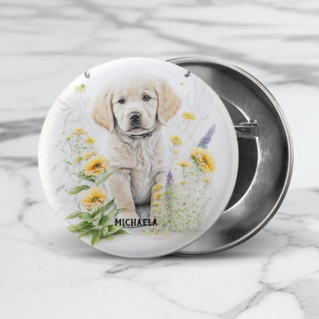 Chapa Redonda De 2,5 Cm Monograma de Golden Retriever Puppy y Florines (Add the required name to personalize or remove if not required.)