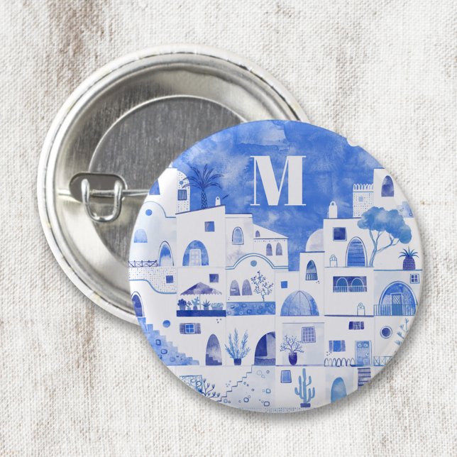 Chapa Redonda De 2,5 Cm Monograma de la acuarela de Santorini Grecia (Monogram initial blue and white watercolor Oia Santorini button)