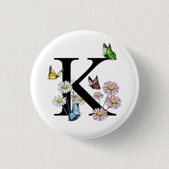 Chapa Redonda De 2,5 Cm Monograma de mariposa acuarela floral letra K (Anverso)