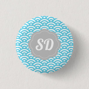 Chapa Redonda De 2,5 Cm Monograma de Personalizado de onda azul claro