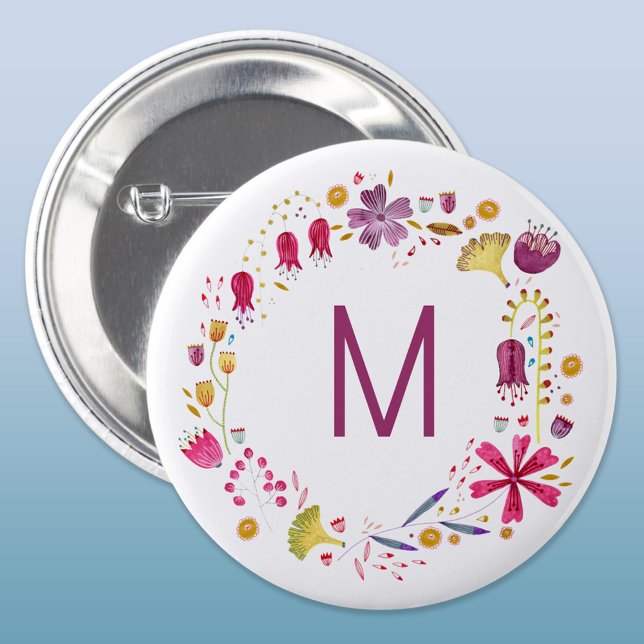 Chapa Redonda De 2,5 Cm Monograma moderno de flor acuática (Modern monogram initial personalized watercolor wildflower floral button)