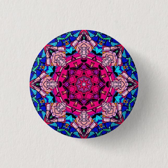 Chapa Redonda De 2,5 Cm Mosaico rosa Mandala Floral Psicodélico Retro (Anverso)