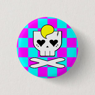 CHAPA REDONDA DE 2,5 CM MUERTE ROCK KAWAII CALAVERA AJEDREZADO ROSA VERDE