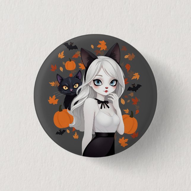 Chapa Redonda De 2,5 Cm Mujer animosa con gato negro. (Anverso)