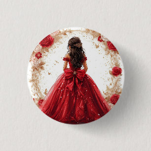 Chapa Redonda De 2,5 Cm Mujer elegante con un vestido rojo rodeada de rosa