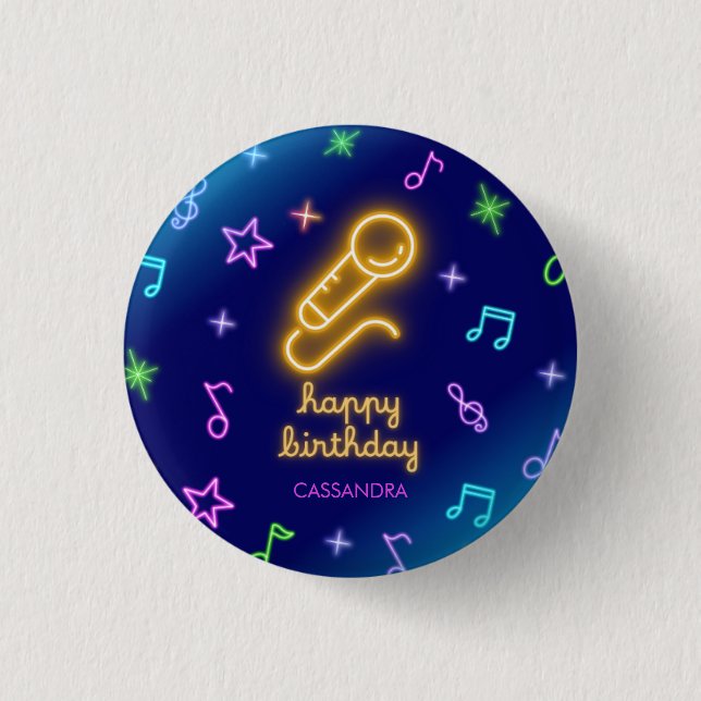 Chapa Redonda De 2,5 Cm Neon Glow Singing Karaoke Cumpleaños (Anverso)