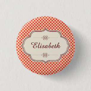 Chapa Redonda De 2,5 Cm Nombre de caligrafía de gingham de época roja