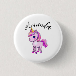 Chapa Redonda De 2,5 Cm Nombre de Chica de Unicornio rosa vibrante