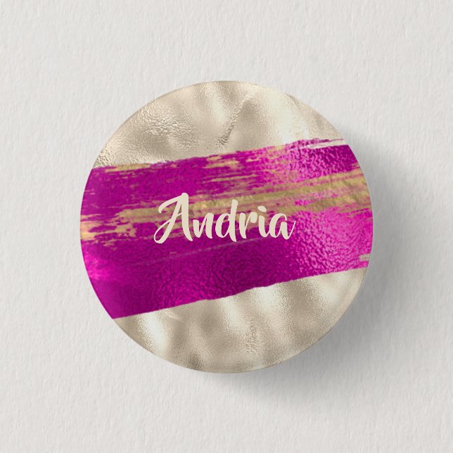 Chapa Redonda De 2,5 Cm Nombre DIY Pincel Texto Fuchsia Platinum Faux Metá (Anverso)