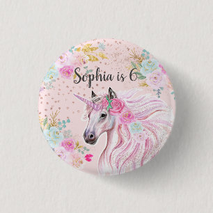 Chapa Redonda De 2,5 Cm Nombre Edad Unicornio Niña Rosa Floral Dorado Bril