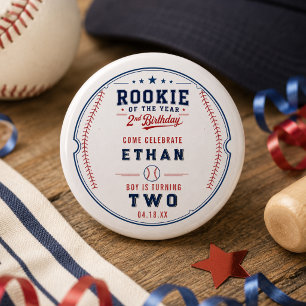 Chapa Redonda De 2,5 Cm Novato del Año Béisbol 2do Cumpleaños Niños 