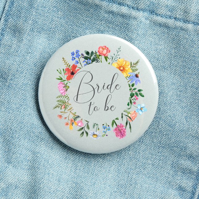 Chapa Redonda De 2,5 Cm Novia Flores Silvestres para Casarse Escritura Bod (Bride to be Wildflower Watercolor Floral Wreath Wedding Button)