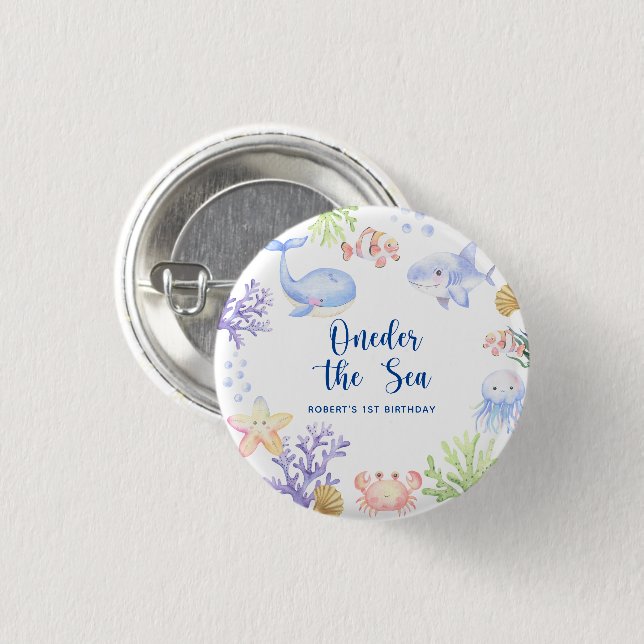 Chapa Redonda De 2,5 Cm Oneder The Sea First Birthday Under the Sea (Anverso y reverso)