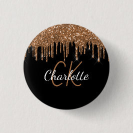 Chapa Redonda De 2,5 Cm Oro negro con brillo que gotea monograma personali