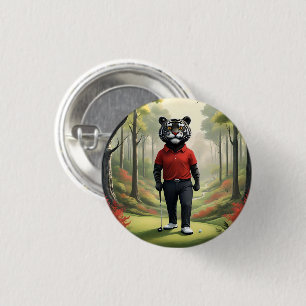 Chapa Redonda De 2,5 Cm "¡Oro! Un tigre negro jugando golf en el bosque"