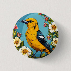 Chapa Redonda De 2,5 Cm Oropéndola dorada colorida entre flores en flor