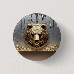 Chapa Redonda De 2,5 Cm Oso Dorado En Relieve Con Efecto De Goteo De Metal