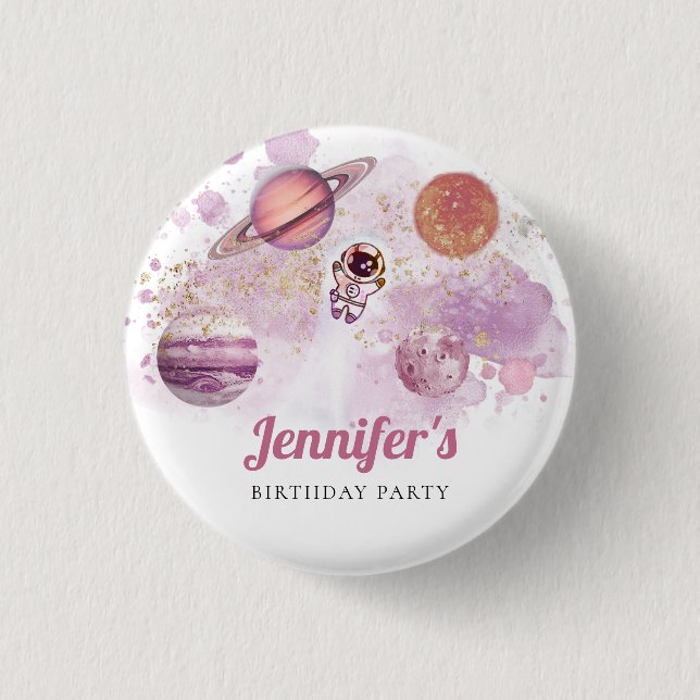 Chapa Redonda De 2,5 Cm Outer Space Pink Rocket Planets Galaxy Button (Anverso)