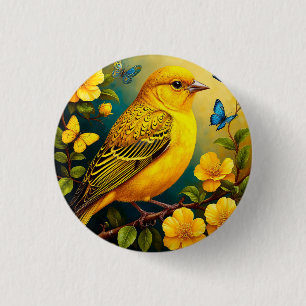 Chapa Redonda De 2,5 Cm Pájaro Amarillo Posado Entre Flores Brillantes