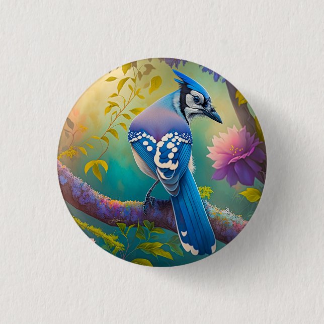 Chapa Redonda De 2,5 Cm Pájaros de fantasía Arrendajo azul (Anverso)