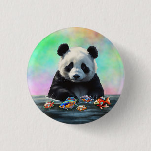 Chapa Redonda De 2,5 Cm Panda mira peces nadadores coloridos