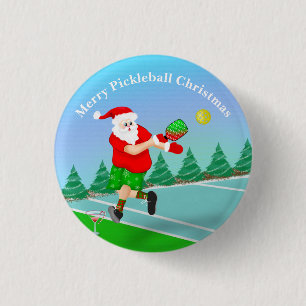 Chapa Redonda De 2,5 Cm Papá Noel Divertido Jugando Pickleball Alegre Vole