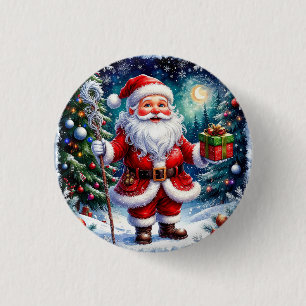 Chapa Redonda De 2,5 Cm Papá Noel sosteniendo un regalo en una Navidad mág