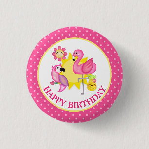 Chapa Redonda De 2,5 Cm Paraiso de Verano Cumpleaños Flamingo Loro