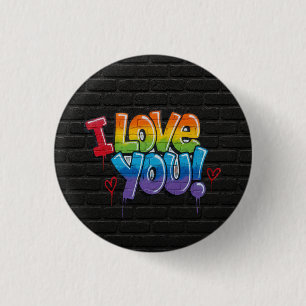 Chapa Redonda De 2,5 Cm Pared de ladrillo negro con grafiti “¡Te quiero!”