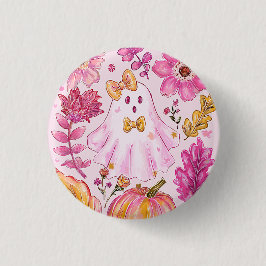 Chapa Redonda De 2,5 Cm Pastel Pink Halloween Ghost with Flowers and Pumpk