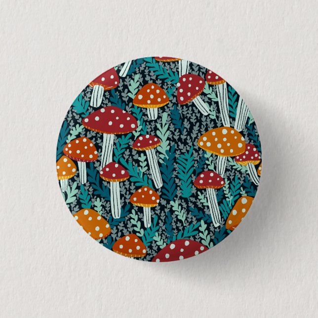 Chapa Redonda De 2,5 Cm Patrón de bosque de hongos mágicos Amanita (Anverso)
