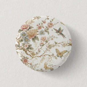 Chapa Redonda De 2,5 Cm Patrón floral chino vintage con colibrí