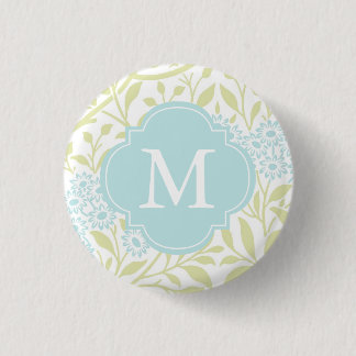 Chapa Redonda De 2,5 Cm Patrón Monogramado de Damasco Floral de Mint Verde