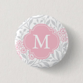 Chapa Redonda De 2,5 Cm Patrón monogramado de Damasco floral rosa gris