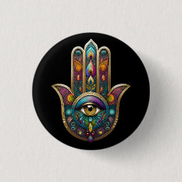 Chapa Redonda De 2,5 Cm Peacock Colors Hamsa w/ Gold Third Eye