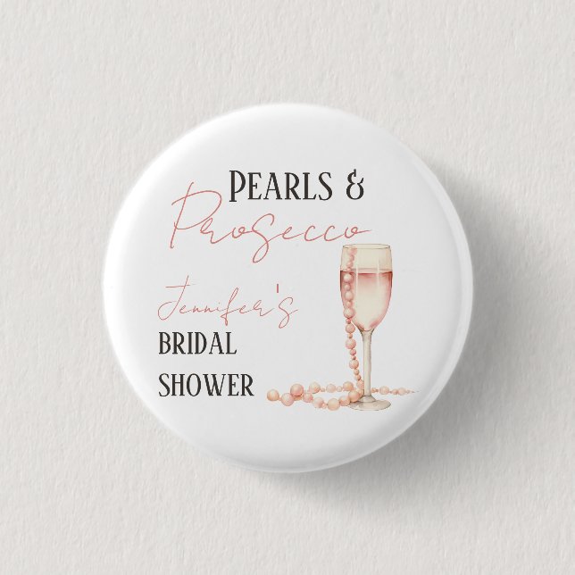 Chapa Redonda De 2,5 Cm Perlas y Prosecco Bridal Shower Rosa Claro (Anverso)