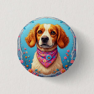 Chapa Redonda De 2,5 Cm Perro Adorable Enmarcado por Flores Coloridas