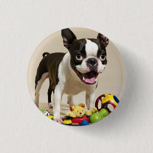 Chapa Redonda De 2,5 Cm Perro de Boston Terrier jugando con juguetes